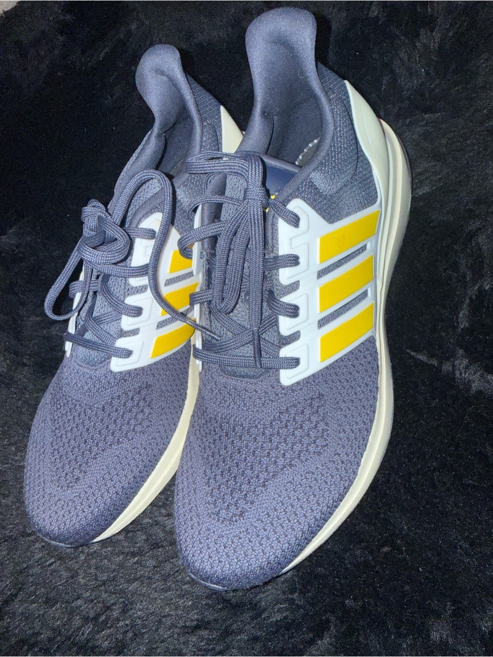 adidas Gray Knit Athletic Sneakers with Yellow Stripes